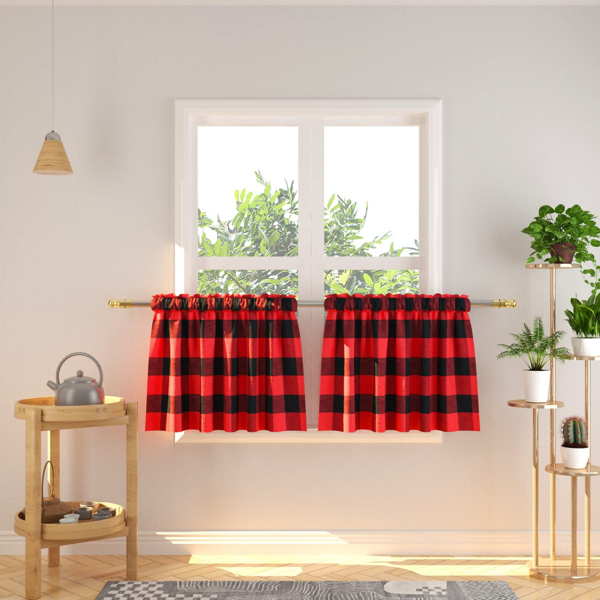 Buffalo Check Kitchen Tier Curtain 24 inches Long Plaid Gingham Rod Pocket Classic Cafe Curtains Country Farmhouse Kitchen Half Window Curtains 2 Panels Beige & White