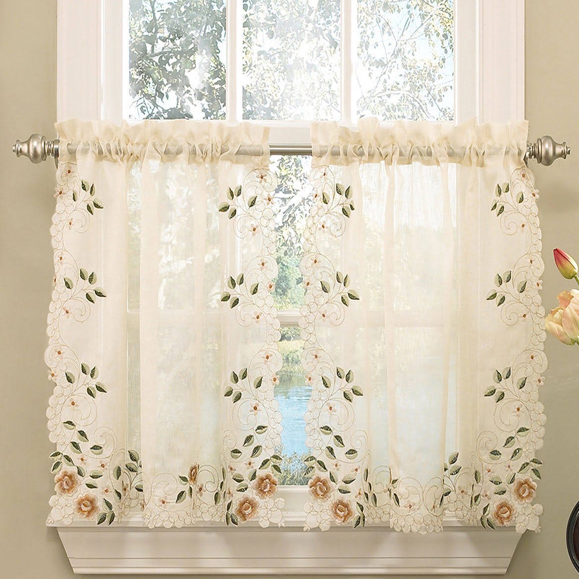 Sweet Home Collection Old World Style Floral Heavy Lace Kitchen Curtain Swag pair Hopewell Cream