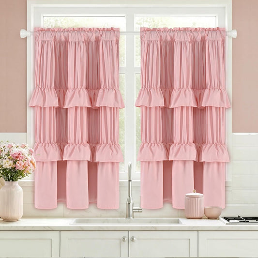 Yinhua Pink Kitchen Curtains 36 Inch Length Ruffle Blackout Cafe Curtains, Farmhouse Rustic Kitchen Window Curtain Rod Pocket Short Tier Curtain for Windows, 26" W x 36" L, 2 Panels