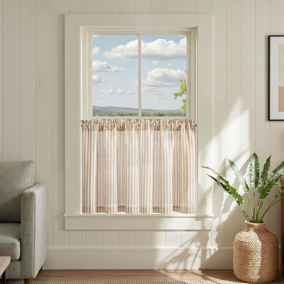 jinchan Striped Linen Kitchen Tier Curtains, 20 Inch, Tan, 2 Panels