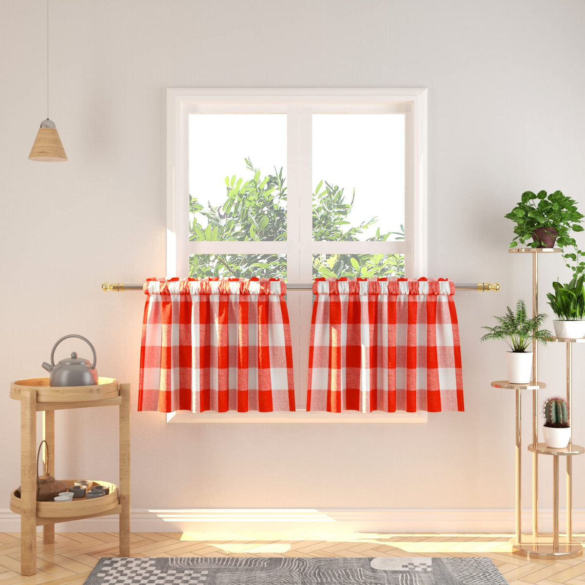 Buffalo Check Kitchen Tier Curtain 24 inches Long Plaid Gingham Rod Pocket Classic Cafe Curtains Country Farmhouse Kitchen Half Window Curtains 2 Panels Beige & White