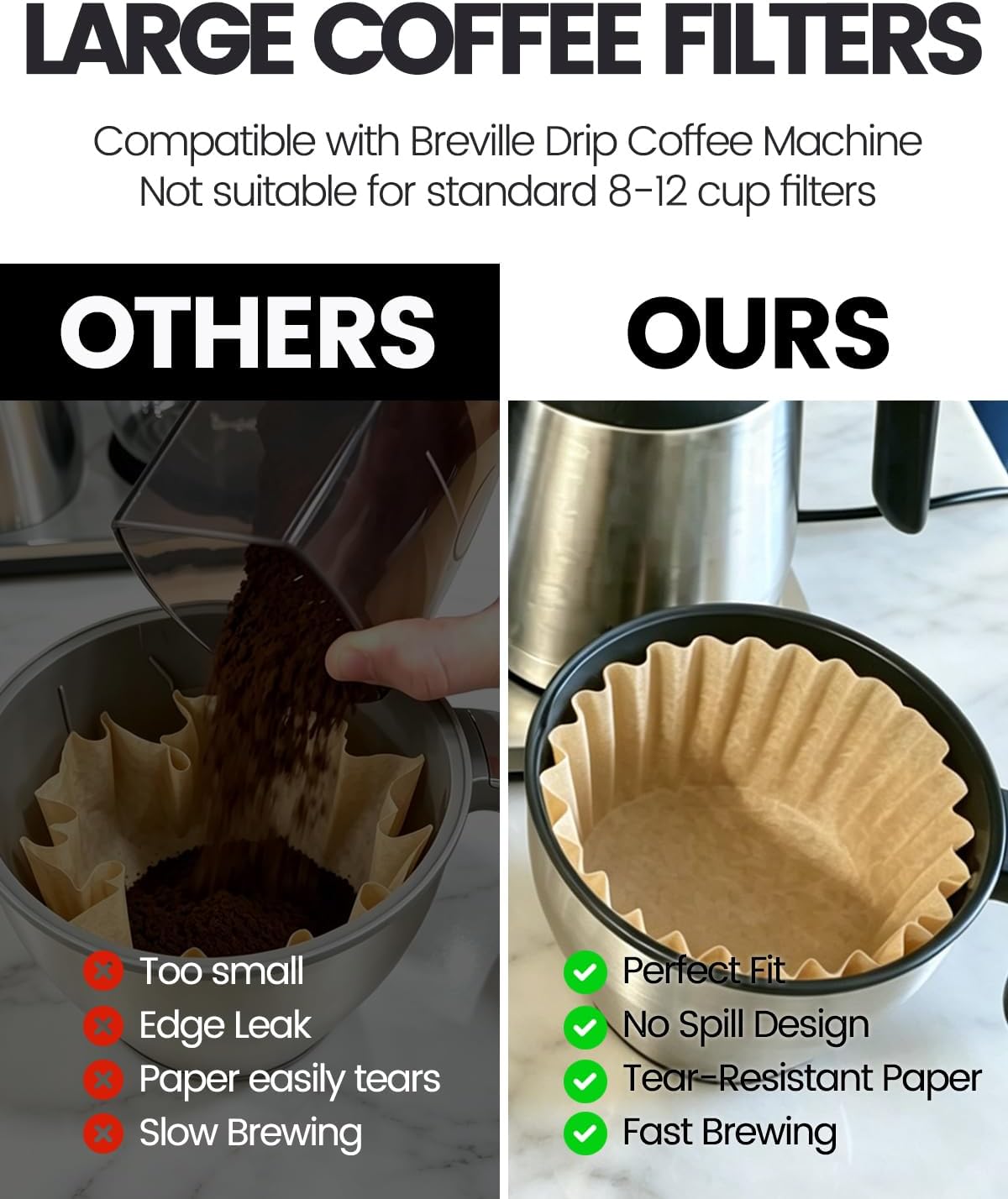 MIMORE Large Coffee Filters - 120 PCS Commercial Coffee Filters Compatible with Breville Drip Coffee Maker 12 Cup - Unbleached Tear-Resistant Basket Disposable Paper Filter