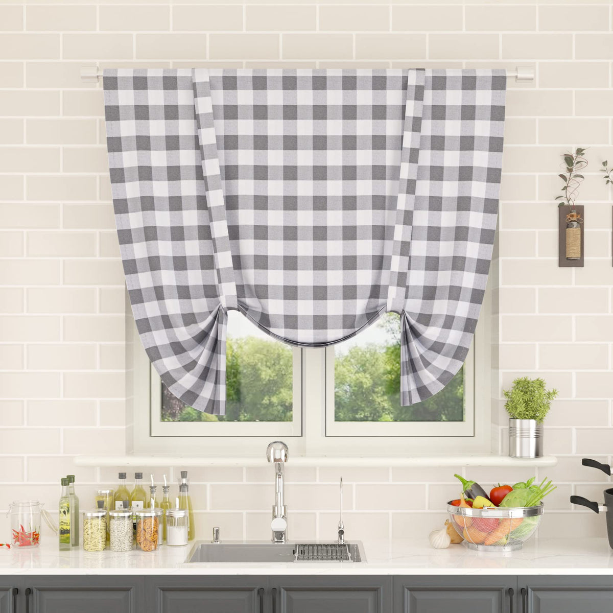 Buffalo Check Kitchen Tier Curtain 24 inches Long Plaid Gingham Rod Pocket Classic Cafe Curtains Country Farmhouse Kitchen Half Window Curtains 2 Panels Beige & White