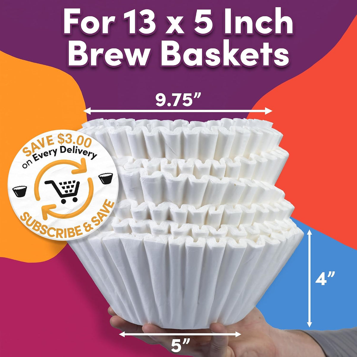 Commercial Coffee Filters, 13 x 5 Brew Basket Size, 12.5 x 4.5 Filter Paper, Fits BUNN, Fetco & Curtis 1.5-3 Gallon Brewers, Tall Wall No Overflow, 250 Count