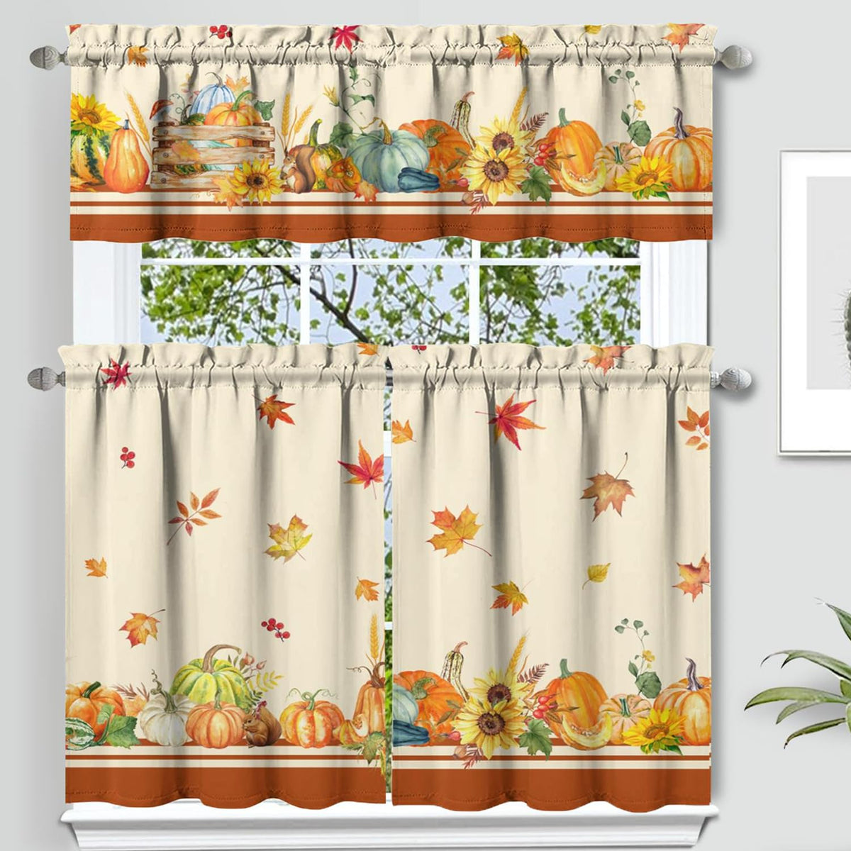 Sage Kitchen Curtain Valance 3 Piece Set, Sage Leaf Floral Kitchen Decor for Home Interior, Farmhouse Style Sink Window Curtains 36 Inch