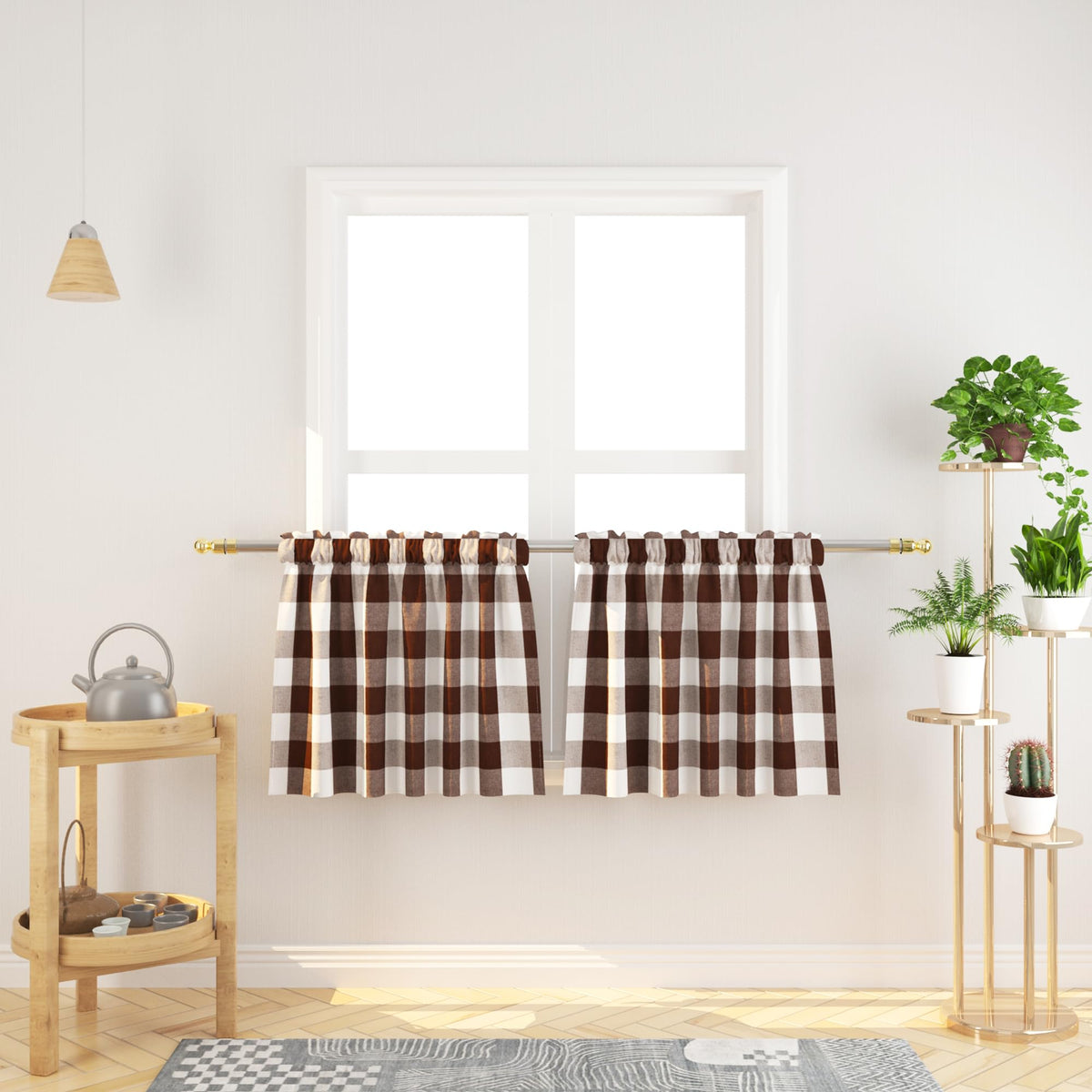 Buffalo Check Kitchen Tier Curtain 24 inches Long Plaid Gingham Rod Pocket Classic Cafe Curtains Country Farmhouse Kitchen Half Window Curtains 2 Panels Beige & White