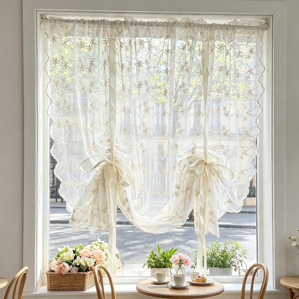 Beige Romantic Little Floral Woven Lace Tie Up Balloon Curtain for Kitchen