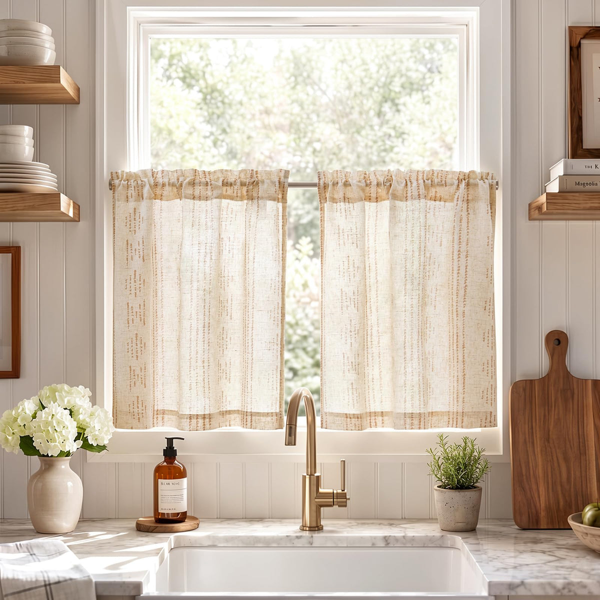 jinchan Linen Striped Tier Curtains for Kitchen Windows Farmhouse