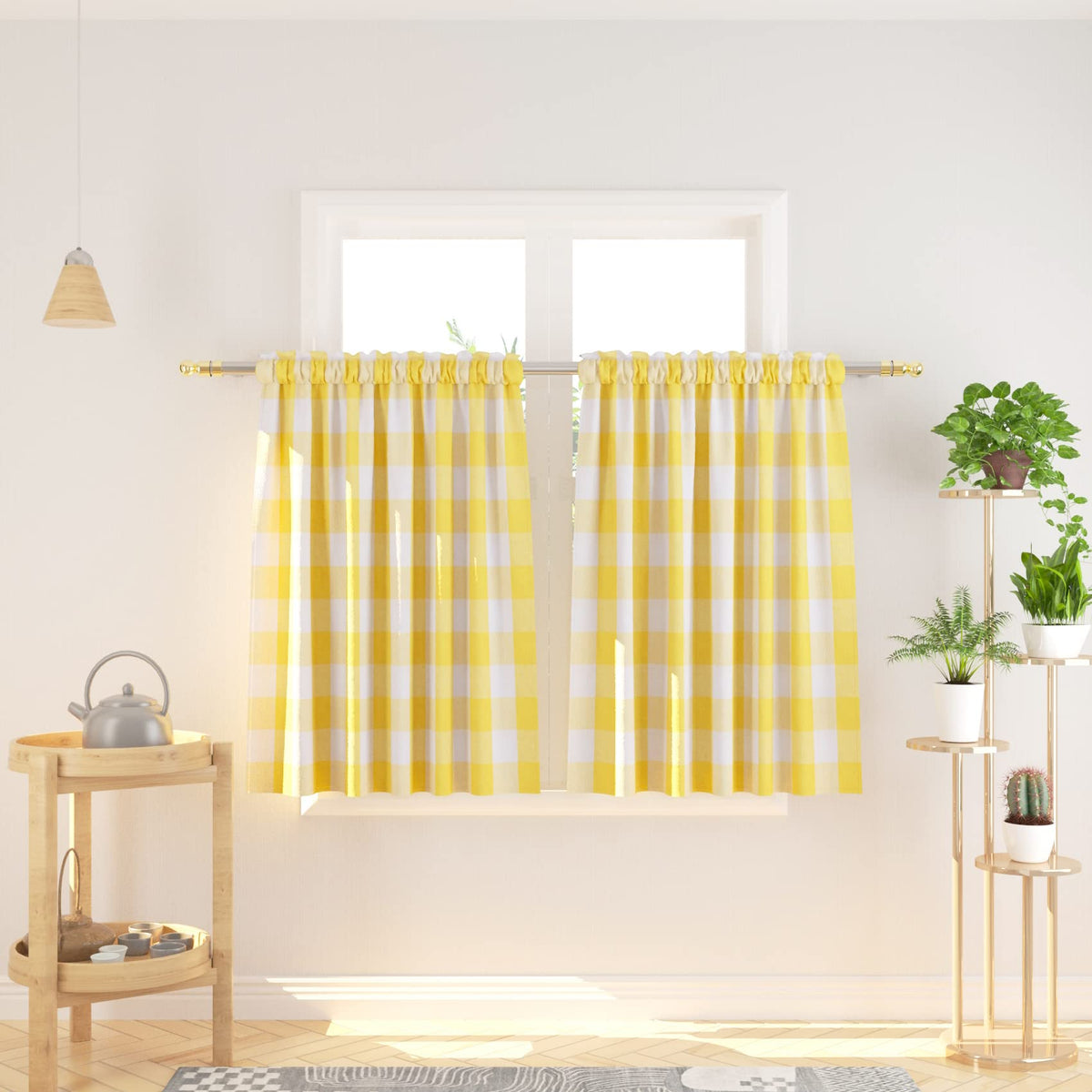 Buffalo Check Kitchen Tier Curtain 24 inches Long Plaid Gingham Rod Pocket Classic Cafe Curtains Country Farmhouse Kitchen Half Window Curtains 2 Panels Beige & White