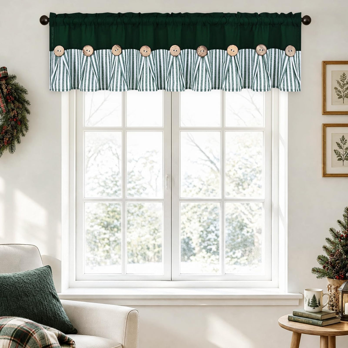 ASPMIZ Cotton Linen Kitchen Valance Curtains, Boho Rustic Button Linen Valances for Windows Farmhouse, Black with Grey Stripe Valance Window Topper Treatment Window Valances for Bathroom, 52 x 18 Inch