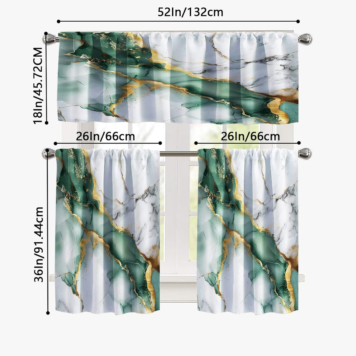 Kitchen Curtains Sets for Windows,52x36 Inch 3 Piece,Green Marble