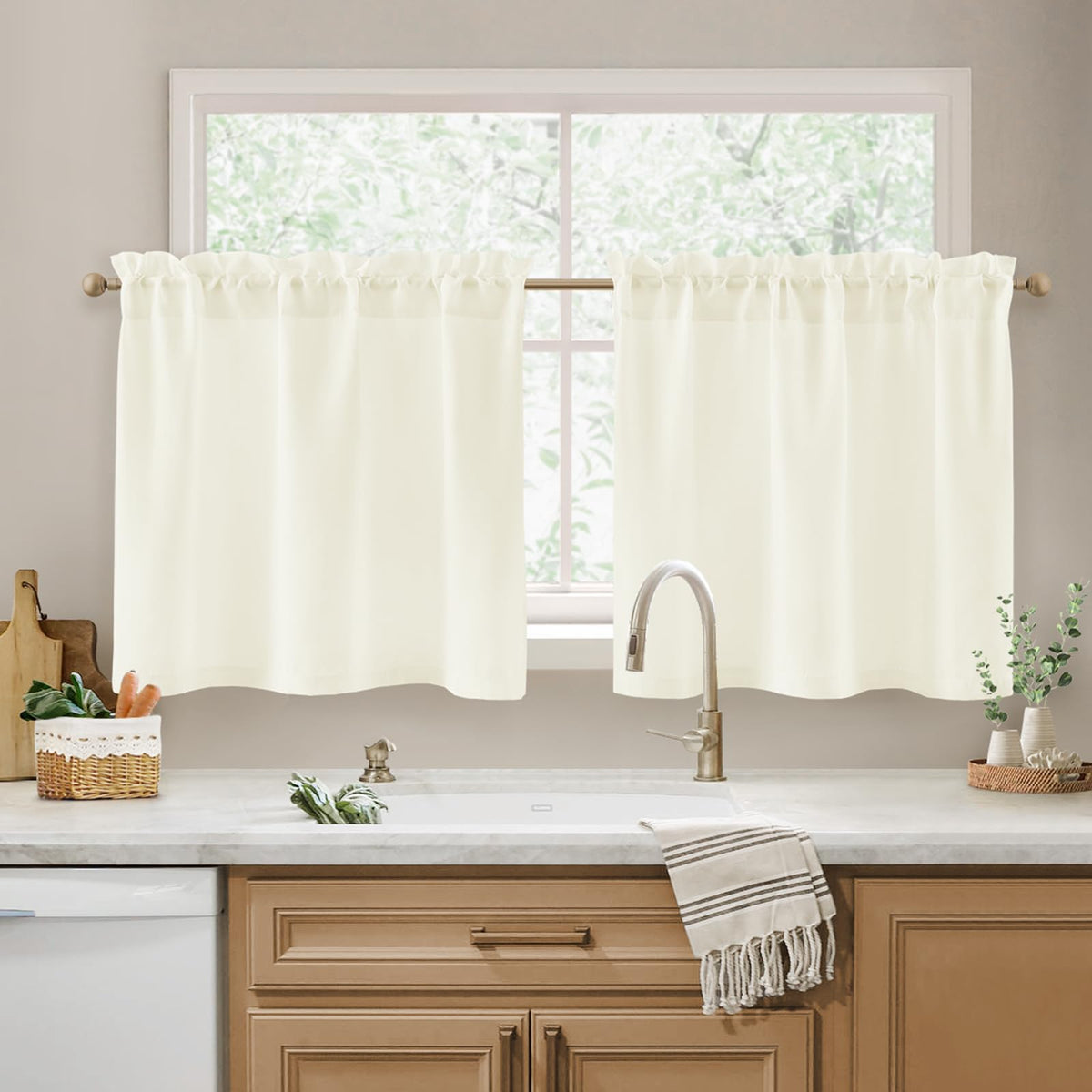 HOMEIDEAS Non-See-Through White Sheer Kitchen Curtains, 30 X 36 Inches Long