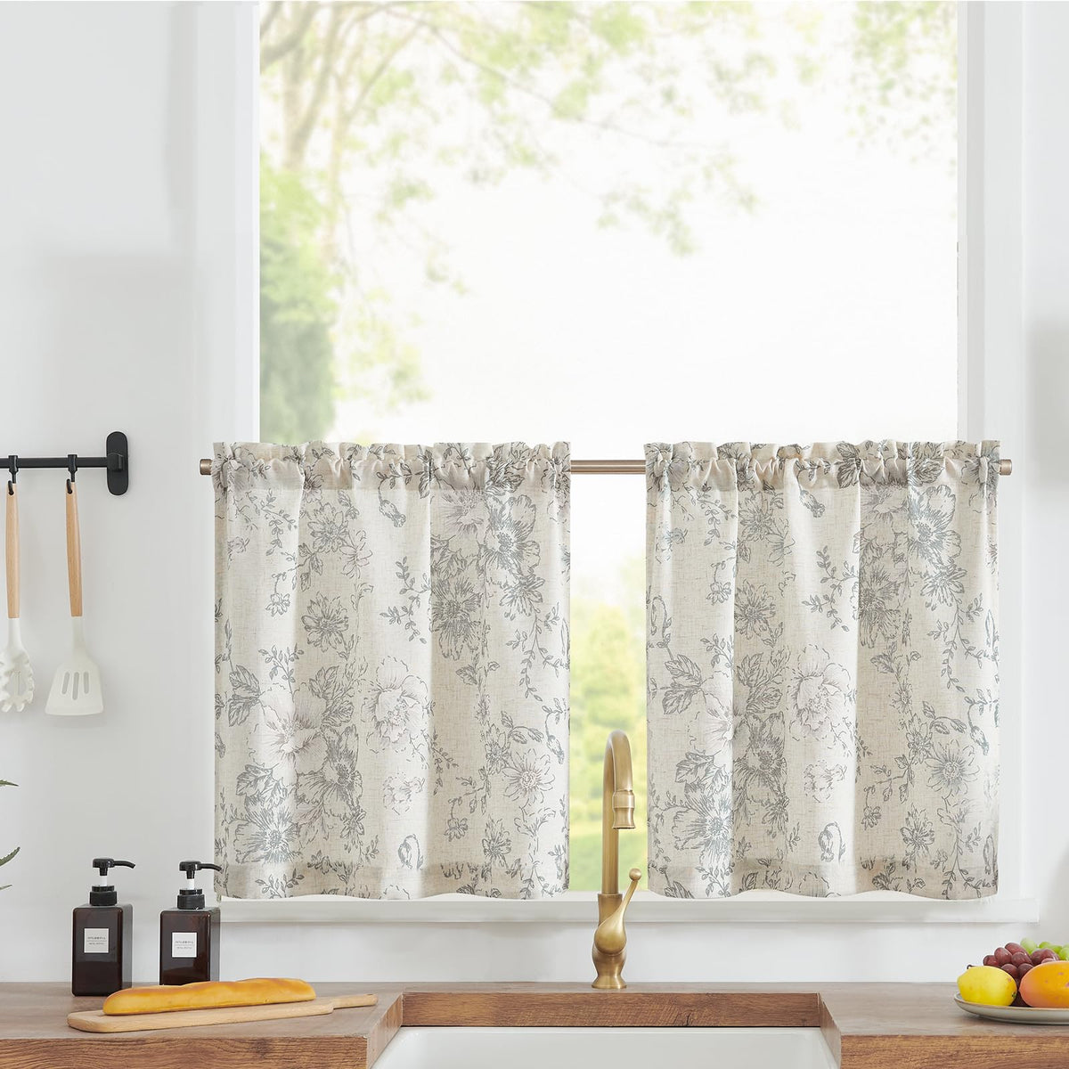 jinchan Hattie Floral Linen Kitchen Tier Curtains Beige 36 in 2 Panels