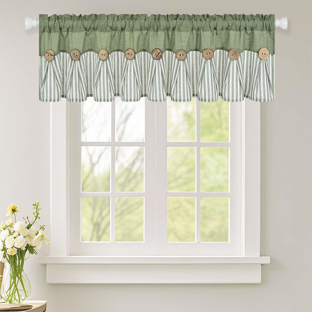 ASPMIZ Cotton Linen Kitchen Valance Curtains, Boho Rustic Button Linen Valances for Windows Farmhouse, Black with Grey Stripe Valance Window Topper Treatment Window Valances for Bathroom, 52 x 18 Inch