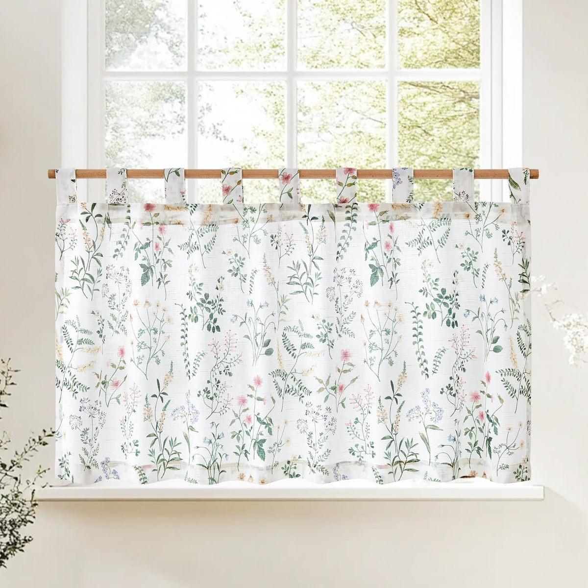 jinchan Floral Kitchen Tier Curtains 24 Inch 2 Panels Sage Green on Beige