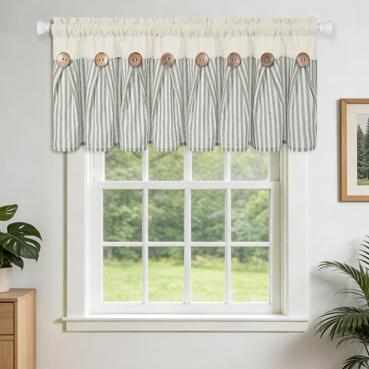 BLEUM CADE Farmhouse Kitchen Curtains 36 Inch, Cotton Linen Cafe Curtains with Rustic Buttons, Boho Small Window Curtains for Bathroom, Green Stripe Half Window Drapes Over Sink, 2 Panels