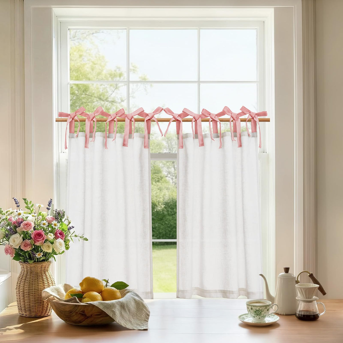 jinchan Solid Linen Kitchen Tier Curtains 24 Inches Tie Top 2 Panles Crude