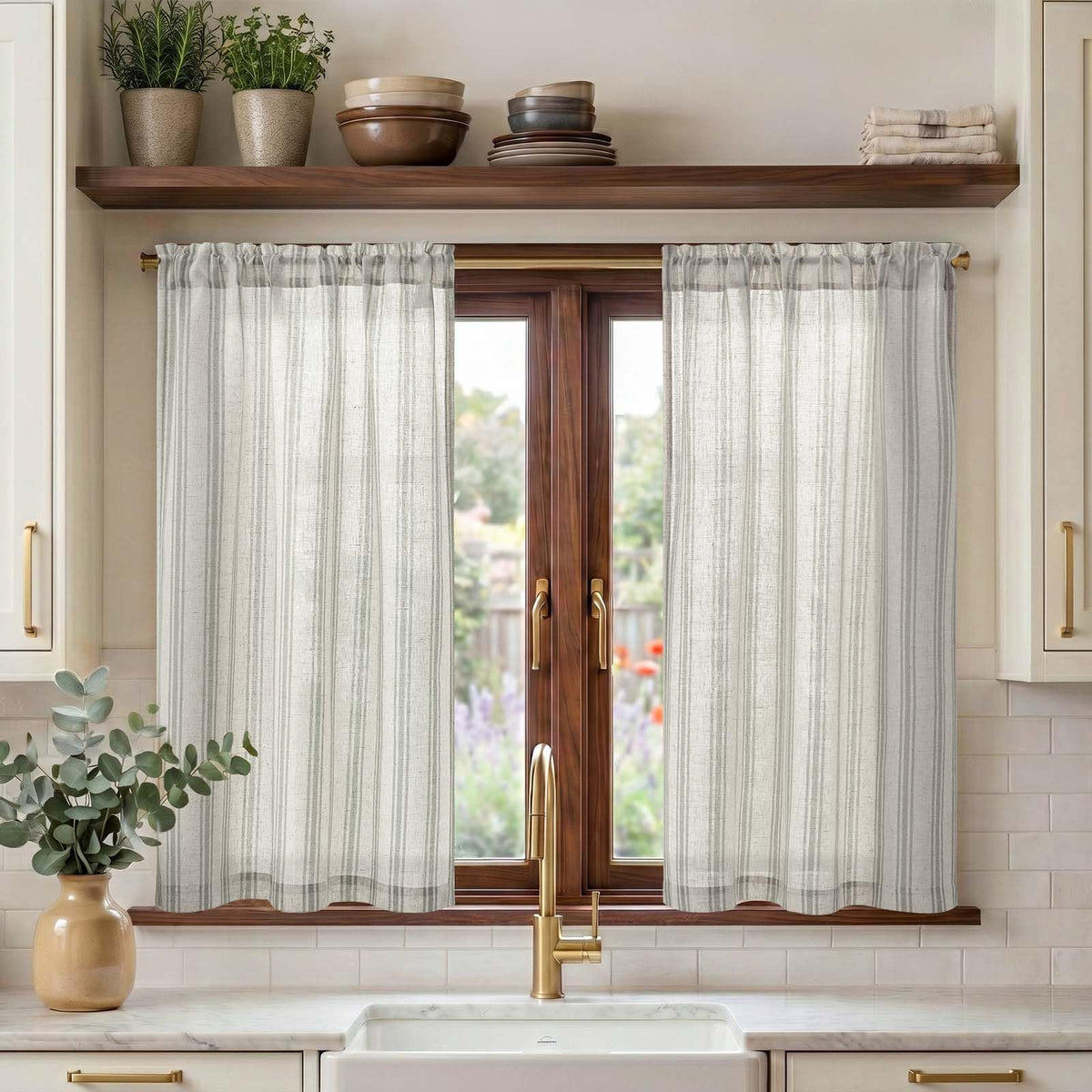 jinchan Linen Striped Tier Curtains for Kitchen Windows Farmhouse