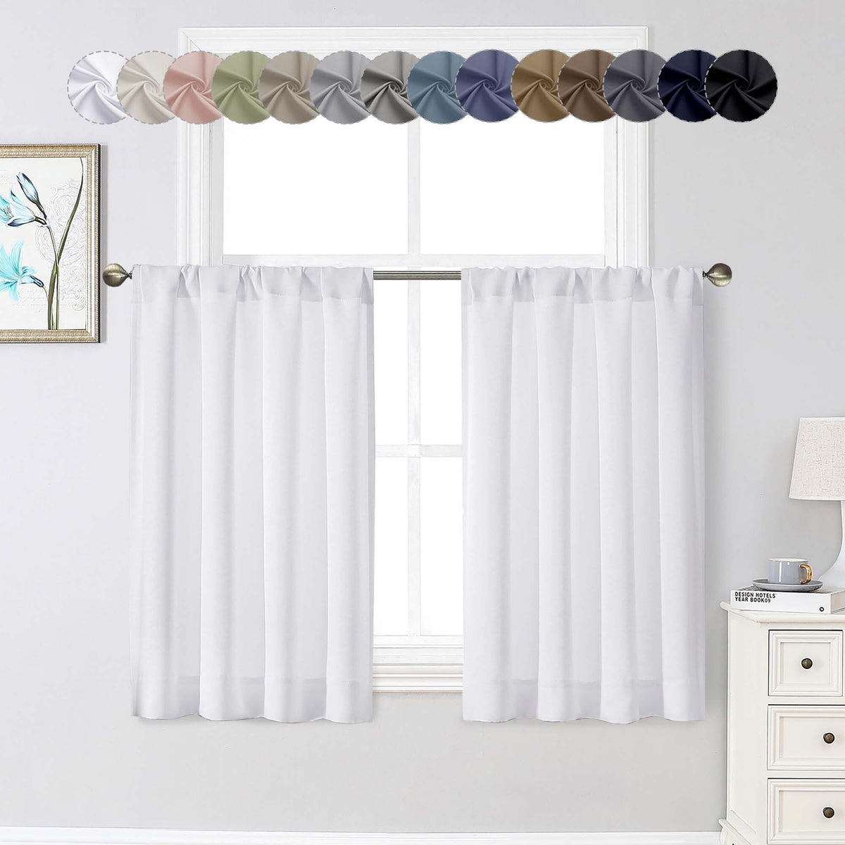 Black Cafe Blackout Curtains 36 Inch Length 2 Panels Set, Soft Solid Thermal Insulated Room Darkening Small Window Curtains for Kitchen Bathroom Basement, Black, Each, 40" Wx36 L