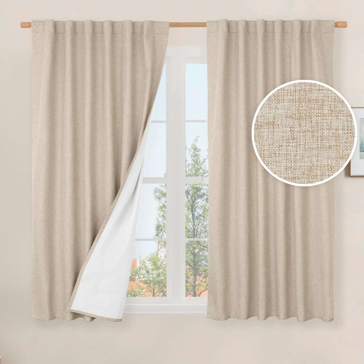LAMIT Full Blackout Linen Kitchen Window Curtains 36 Inches Long, Ivory
