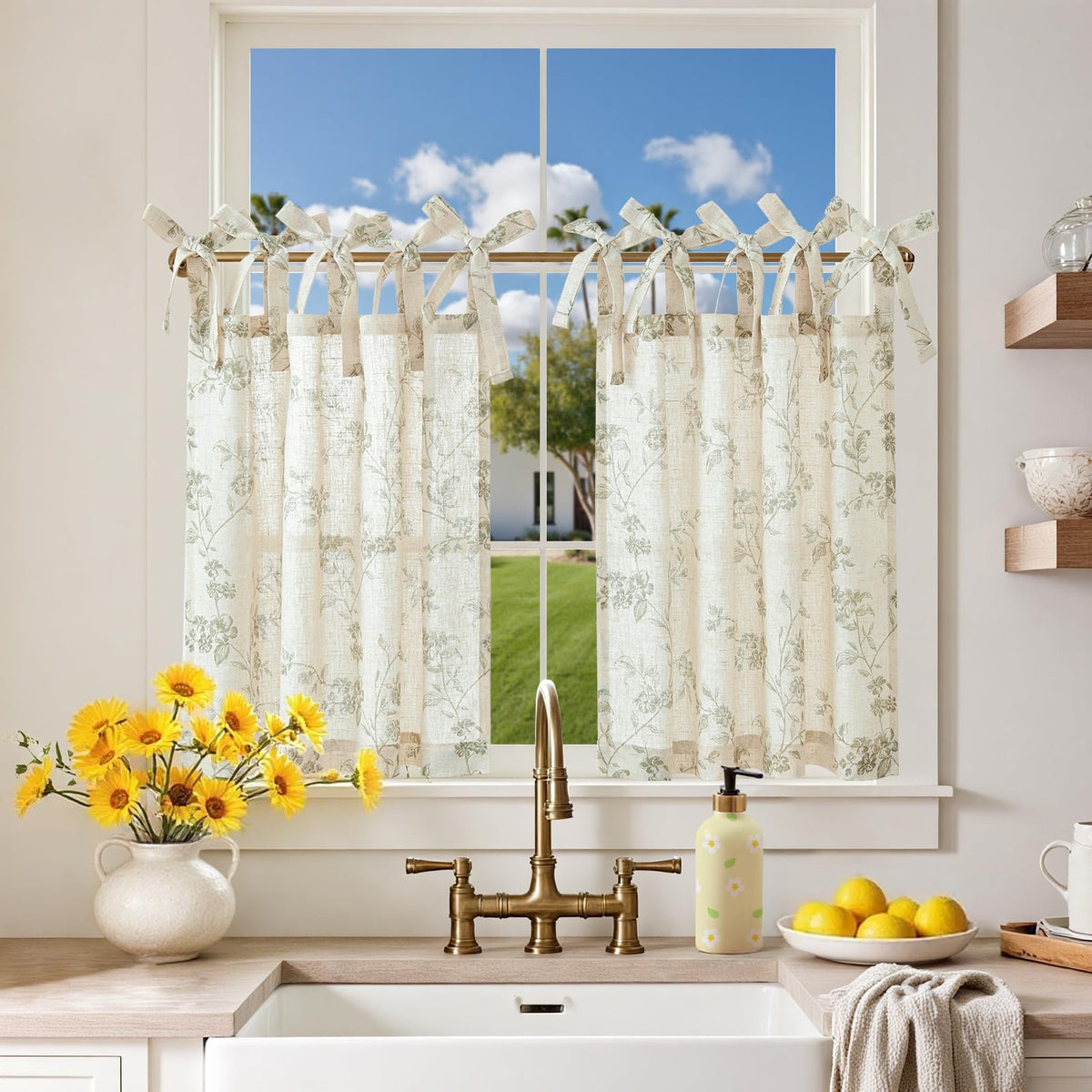 jinchan Solid Linen Kitchen Tier Curtains 24 Inches Tie Top 2 Panles Crude