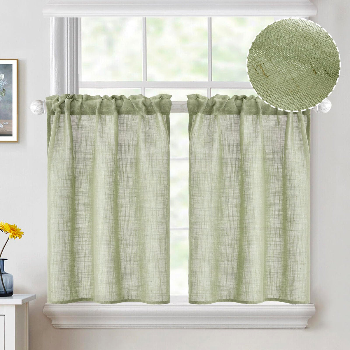 MIULEE Spring Linen Textured Kitchen Window Curtains over Sink 24 Inch Length Semi Sheer Farmhouse Small Curtains for Cafe Bathroom Basement, Short Rod Pocket Tier Curtains 2 Panels W26XL24 Sage Green