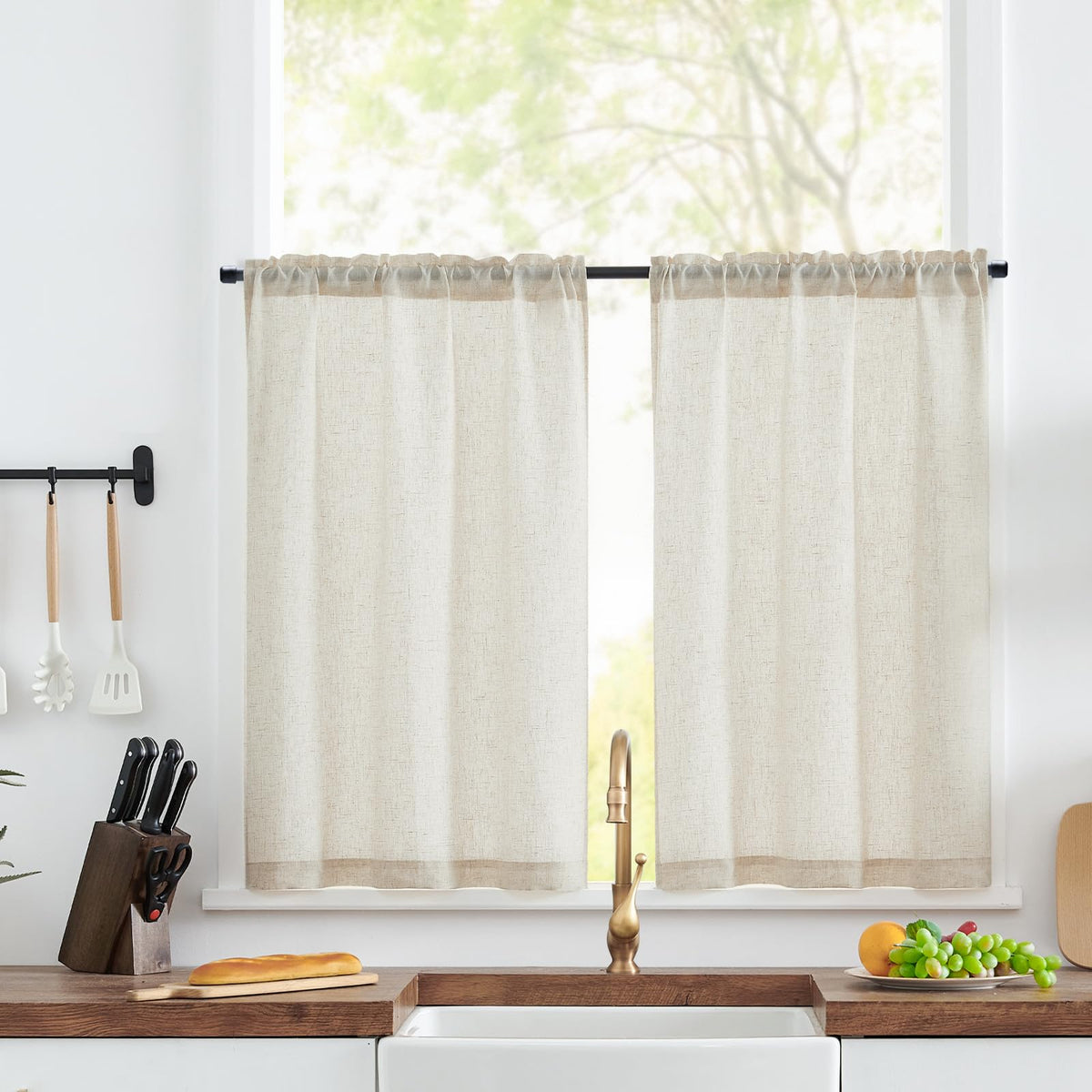 jinchan Linen Pinch Pleated Back Tab Tier Curtains, 26x24, Natural