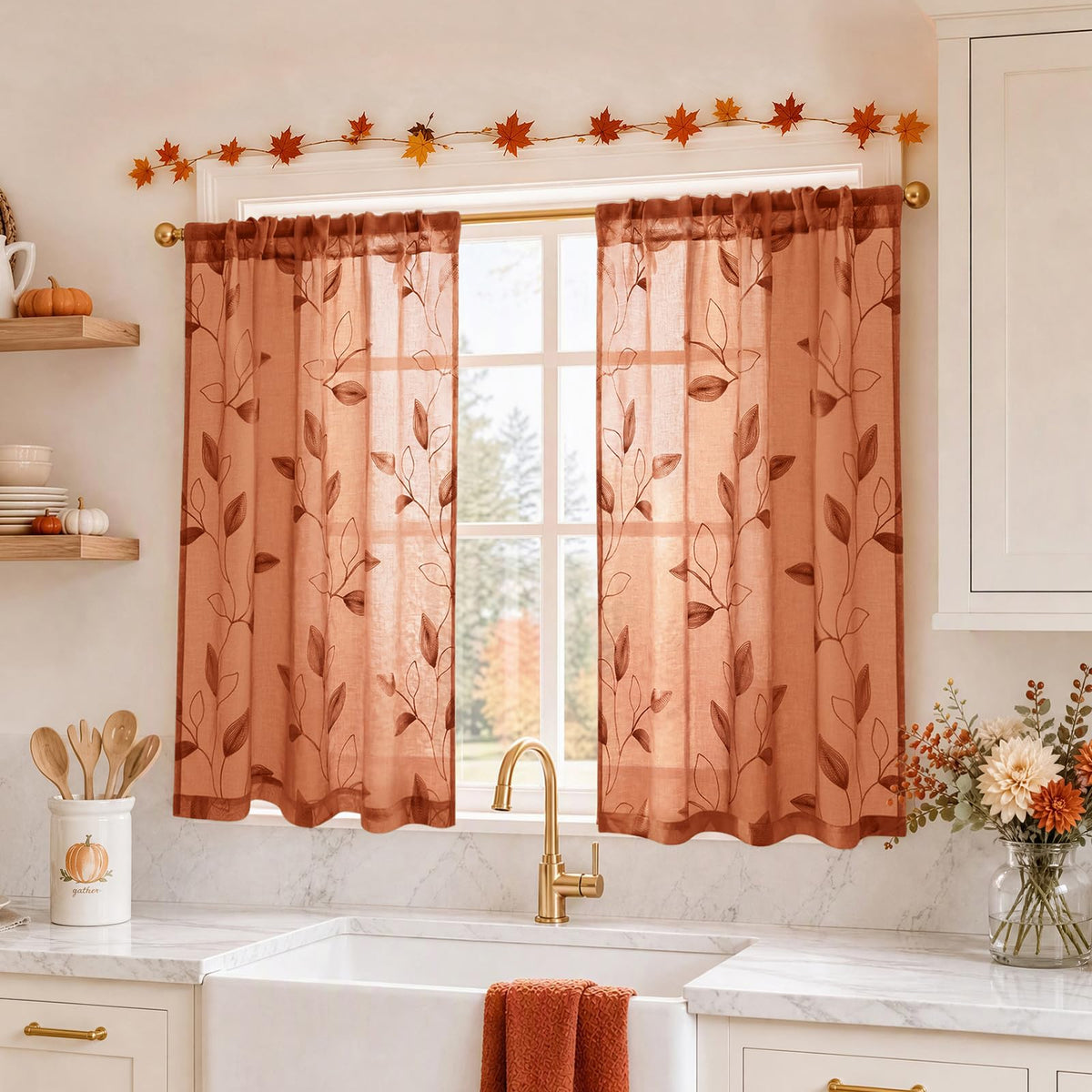 HOMEIDEAS Sage Green Kitchen Tier Curtains Leaf Embroidered, 30x36, 2 Panel