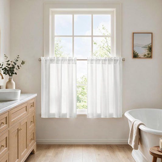 HOMEIDEAS Non-See-Through White Sheer Kitchen Curtains, 30 X 36 Inches Long