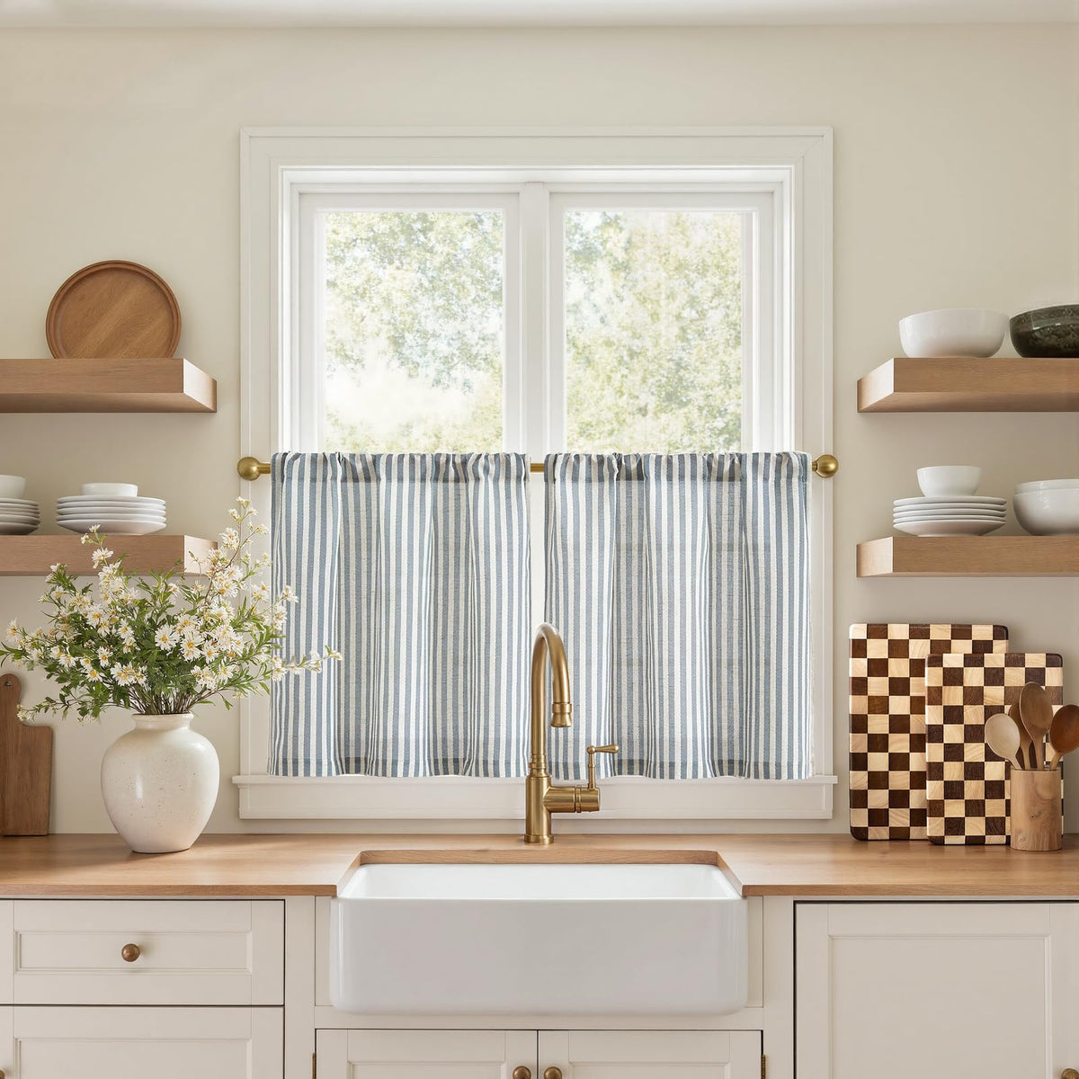 jinchan Striped Linen Kitchen Tier Curtains, 20 Inch, Tan, 2 Panels
