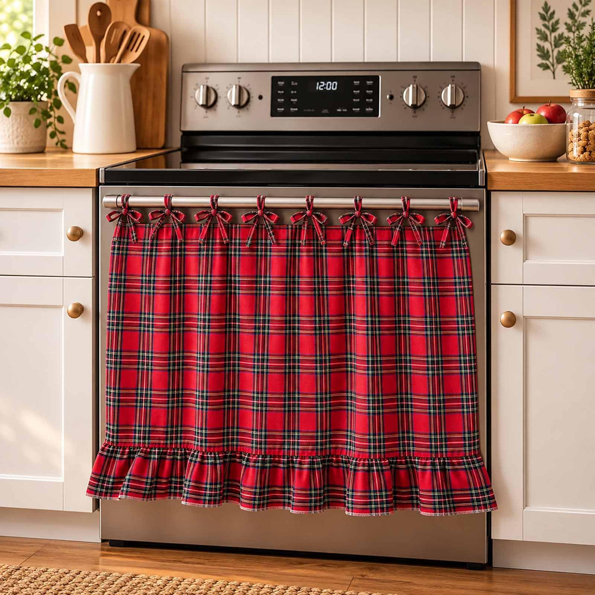 LOSOZO Oat Handmade Oven Skirt for Farmhouse Kitchen Décor, Oven Curtain Tie Top Decorative Cabinet Dish Washer Oven Curtains, Ruffled Fabric Appliance Cover with Ribbon Ties