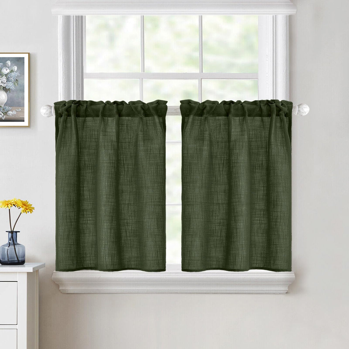 MIULEE Spring Linen Textured Kitchen Window Curtains over Sink 24 Inch Length Semi Sheer Farmhouse Small Curtains for Cafe Bathroom Basement, Short Rod Pocket Tier Curtains 2 Panels W26XL24 Sage Green