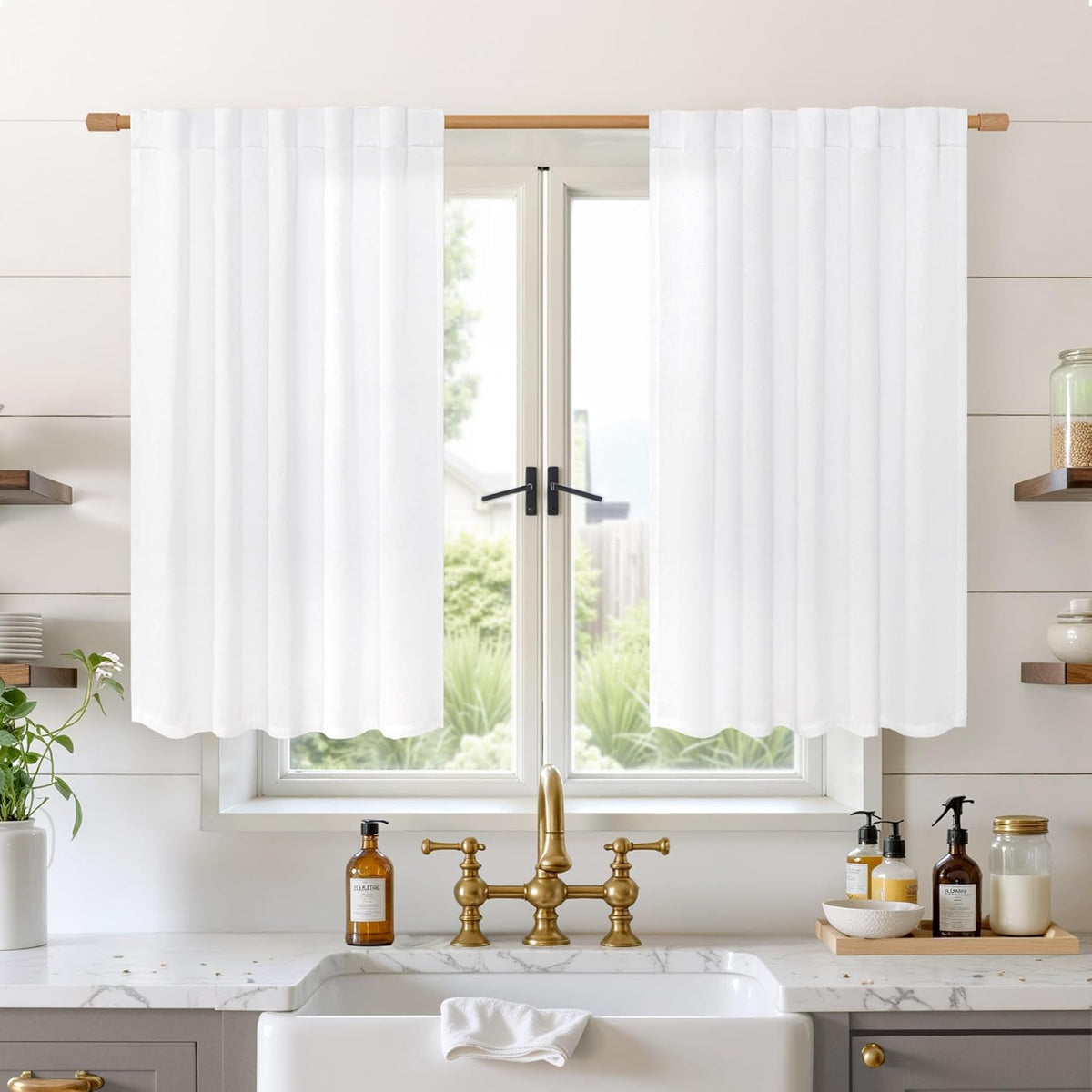 BGment White Linen Kitchen Curtains 40 Inch Length for Short Window