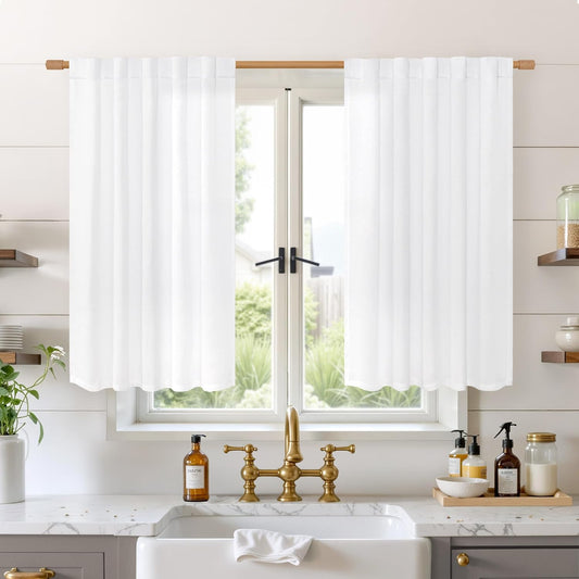 BGment White Linen Kitchen Curtains 40 Inch Length for Short Window