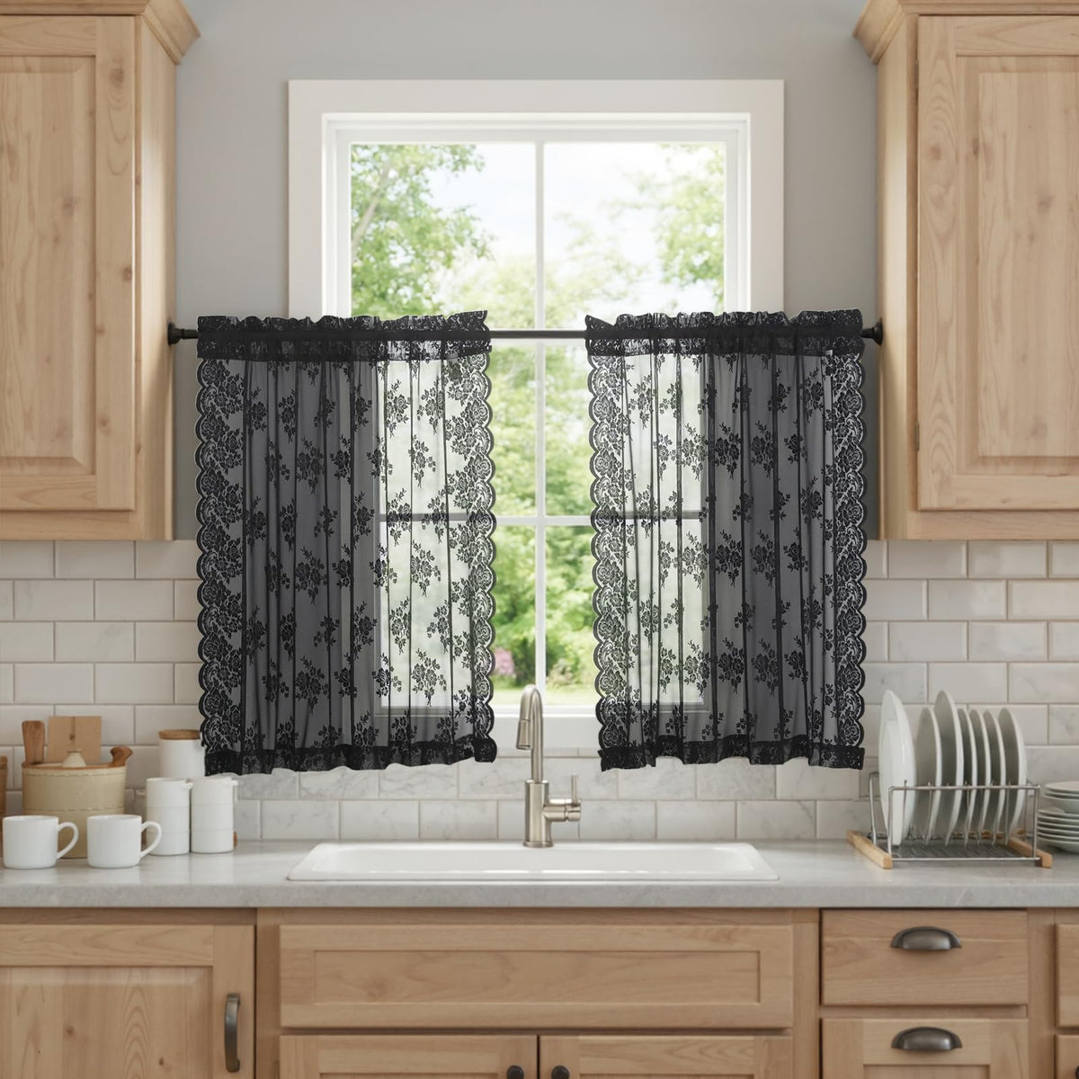Kotile Short Beige Lace Curtains for Kitchen Windows W42xL45 Inch, 2 Panels