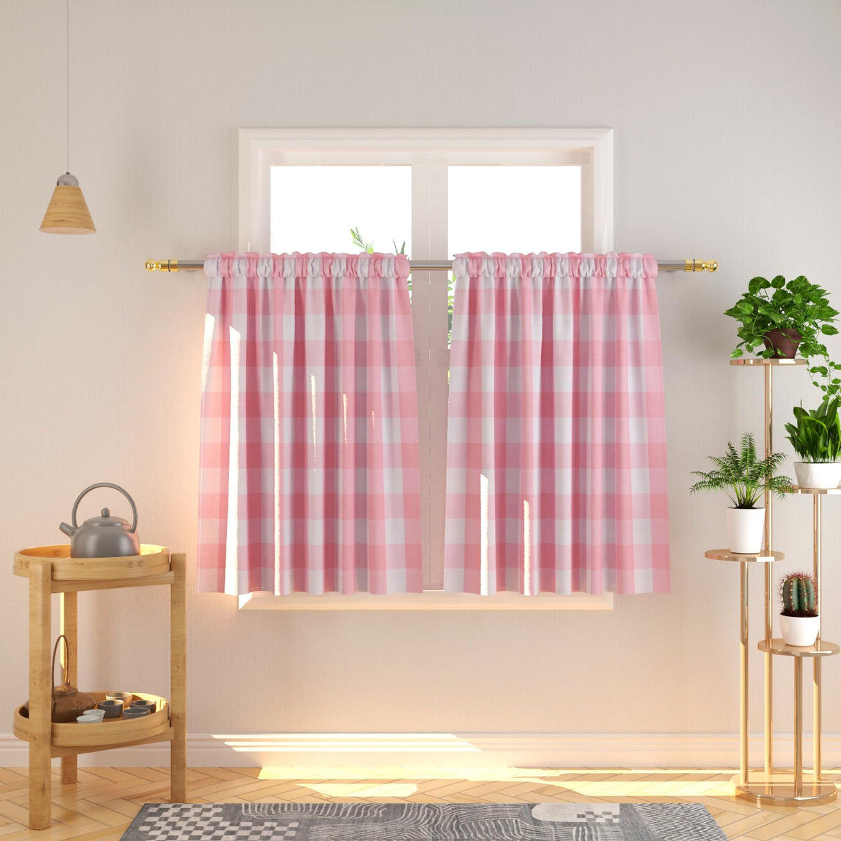 Buffalo Check Kitchen Tier Curtain 24 inches Long Plaid Gingham Rod Pocket Classic Cafe Curtains Country Farmhouse Kitchen Half Window Curtains 2 Panels Beige & White