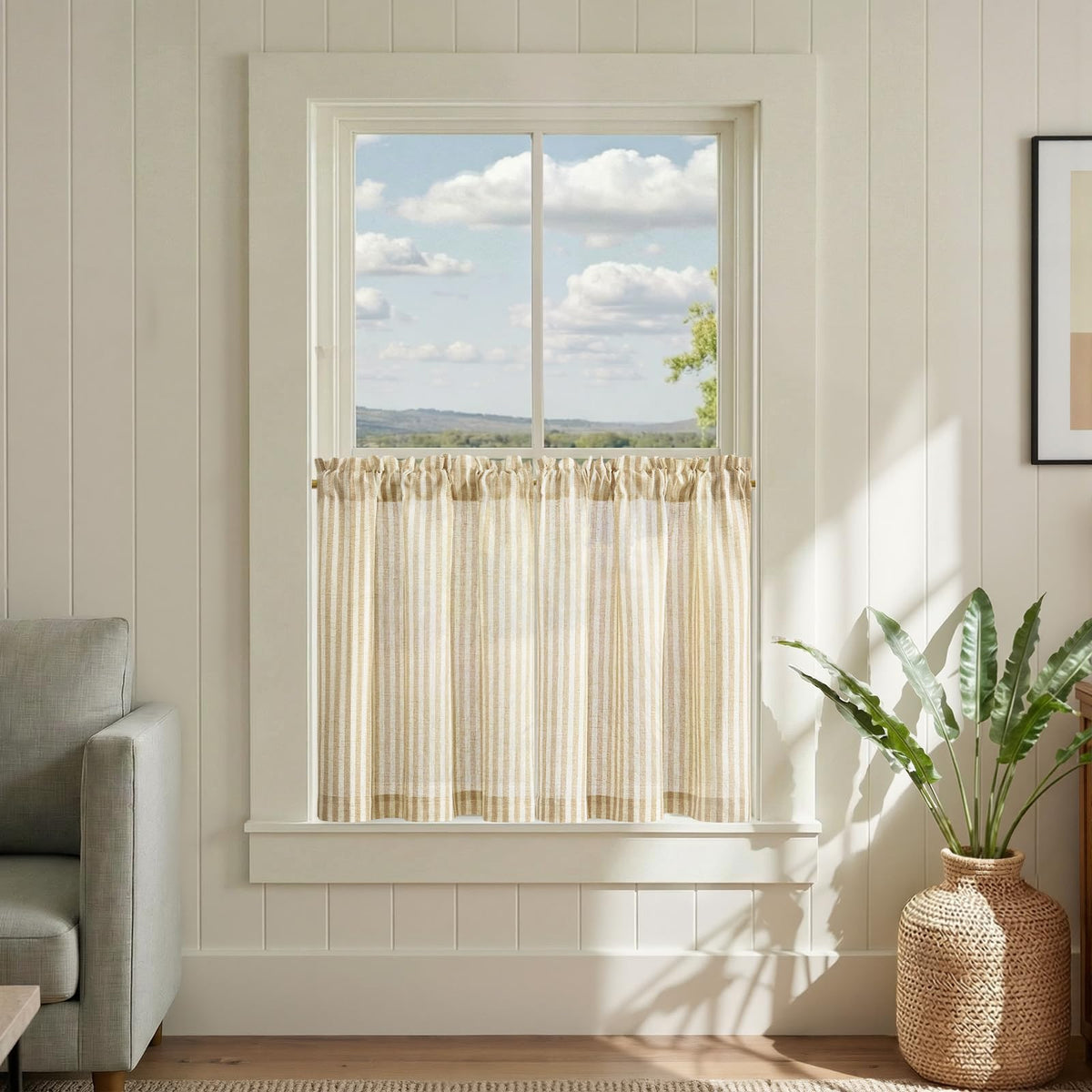 jinchan Striped Linen Kitchen Tier Curtains, 20 Inch, Tan, 2 Panels