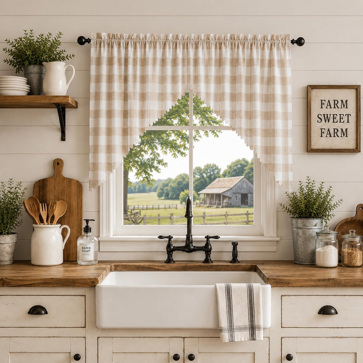Beda Home Buffalo Check Swag Valance for Kitchen, Coffee/White, 52 x 18 in