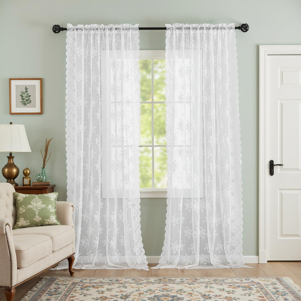 Kotile Short Beige Lace Curtains for Kitchen Windows W42xL45 Inch, 2 Panels