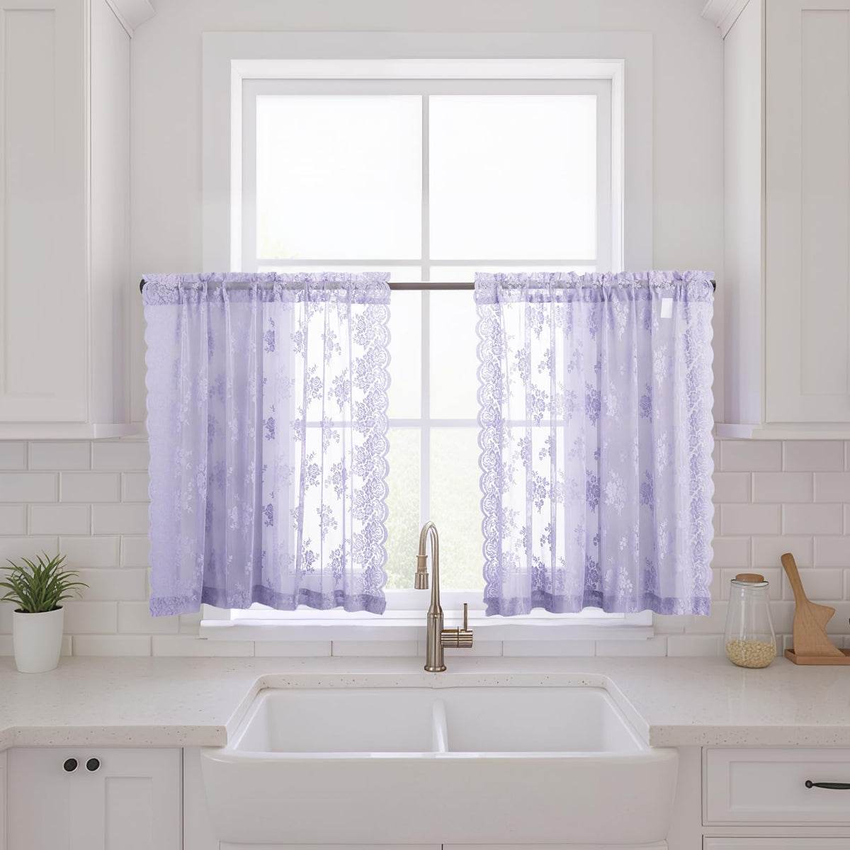 Kotile Short Beige Lace Curtains for Kitchen Windows W42xL45 Inch, 2 Panels