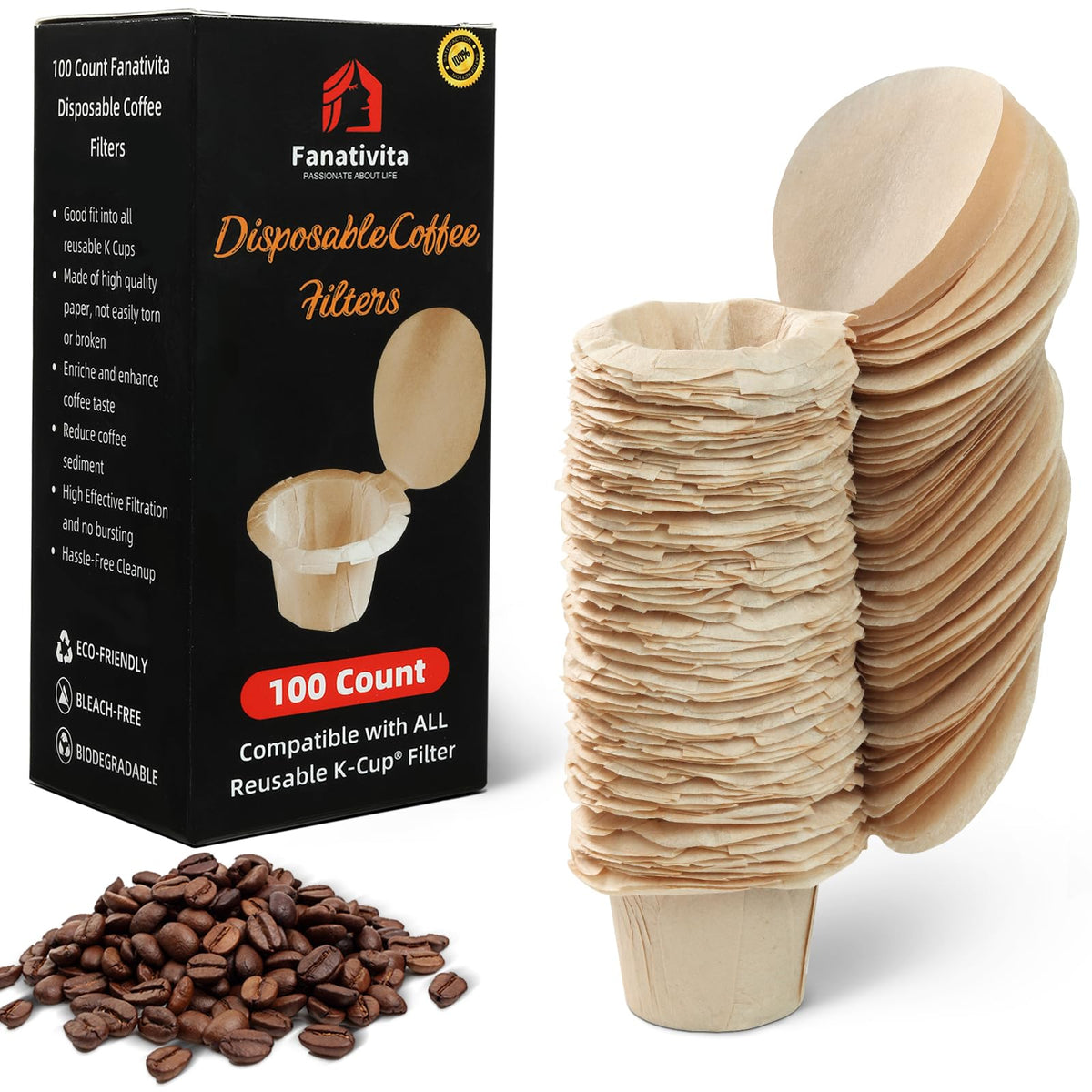Fanativita 300ct K Cup Coffee Filters with Genius Lid, Unbleached