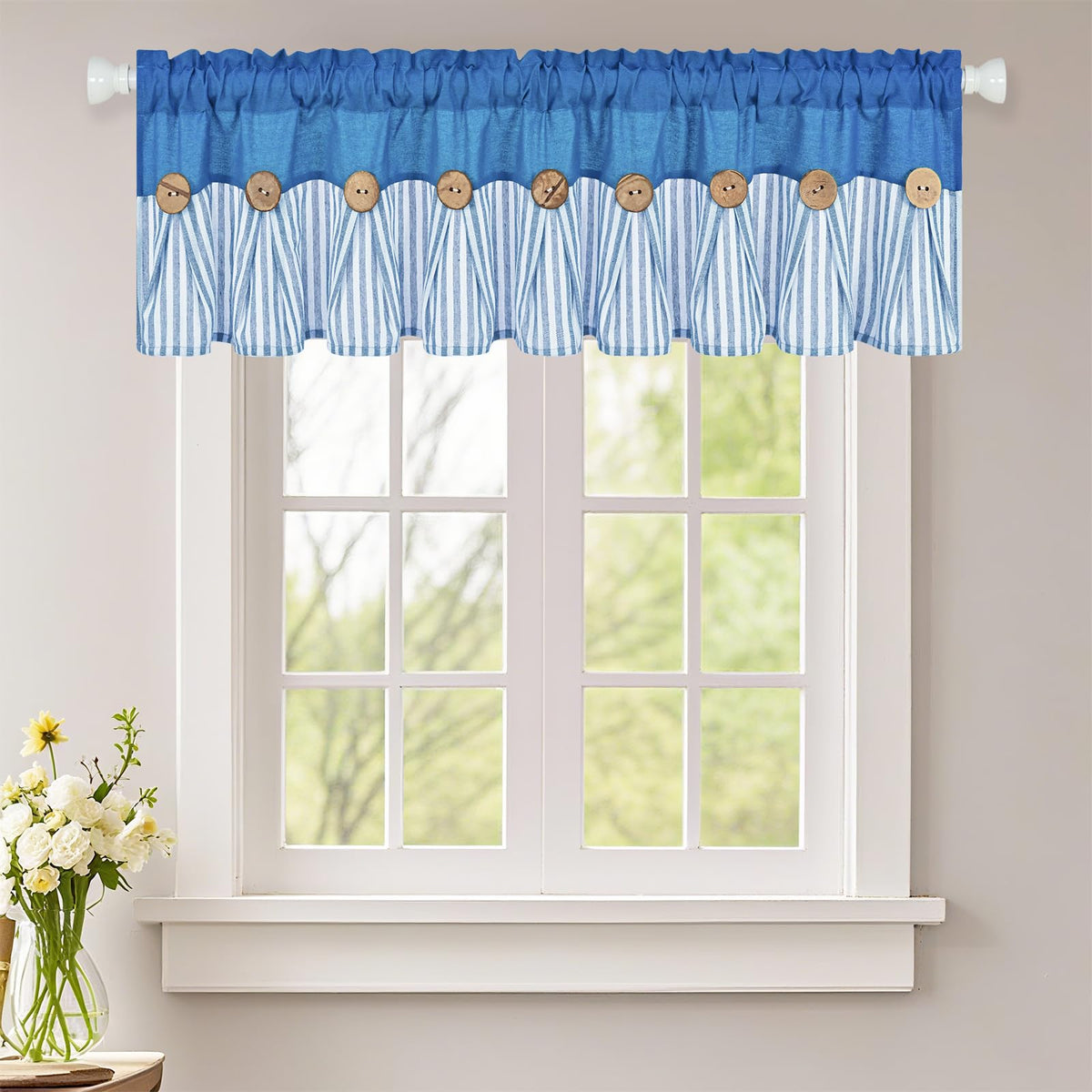 ASPMIZ Cotton Linen Kitchen Valance Curtains, Boho Rustic Button Linen Valances for Windows Farmhouse, Black with Grey Stripe Valance Window Topper Treatment Window Valances for Bathroom, 52 x 18 Inch