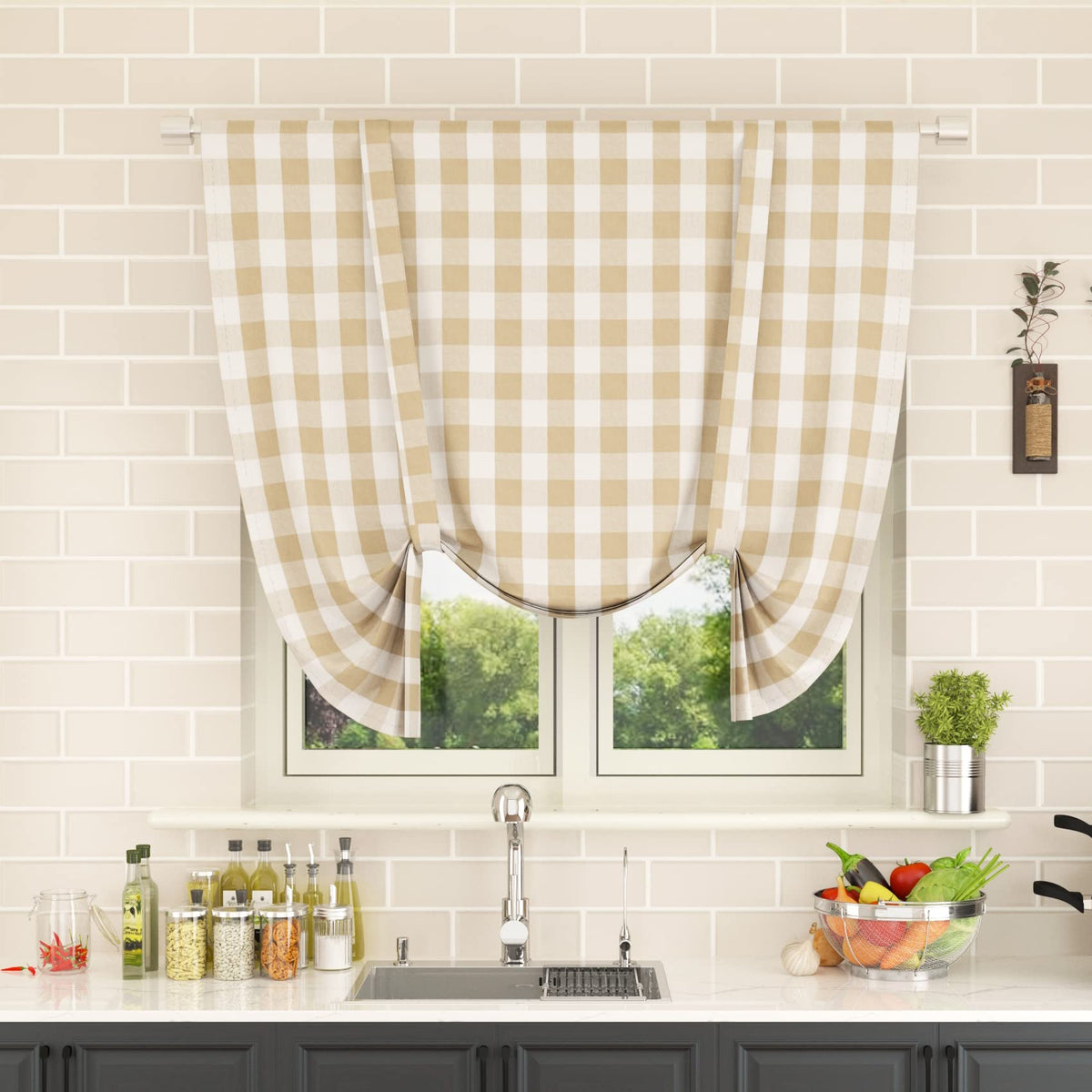 Buffalo Check Kitchen Tier Curtain 24 inches Long Plaid Gingham Rod Pocket Classic Cafe Curtains Country Farmhouse Kitchen Half Window Curtains 2 Panels Beige & White