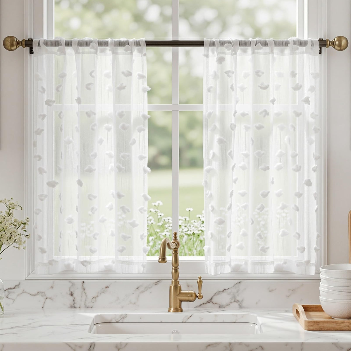 MYSKY HOME White Sheer Curtains 36 inch Length for Small Window,2 Panels