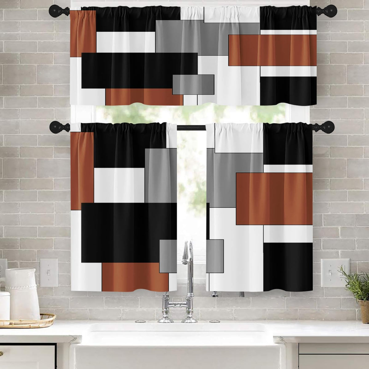 Kitchen Curtains Sets for Windows 52x36 Inch 3 Pack, Geometric