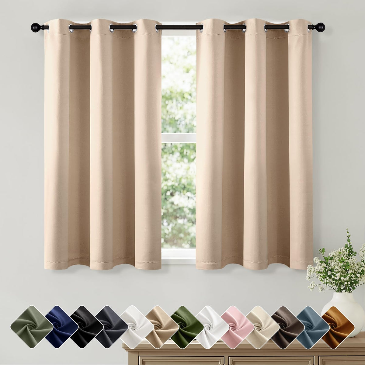 Short Navy Blue Blackout Kitchen Curtain W40 x L45 Inch 2 Panels