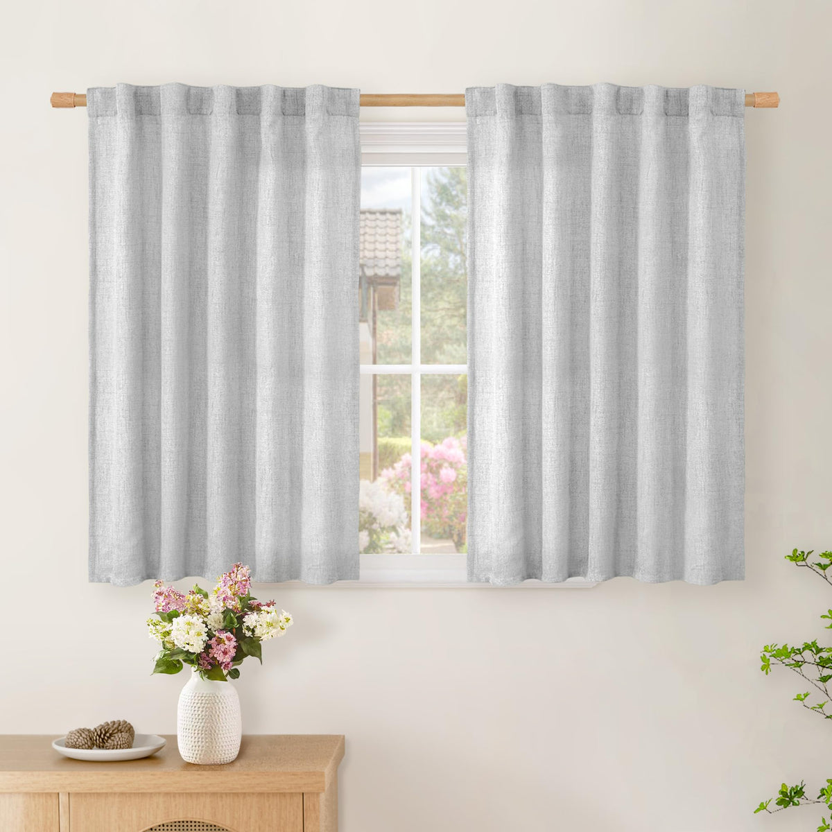 BGment White Linen Kitchen Curtains 40 Inch Length for Short Window