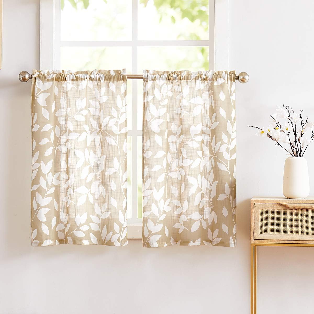 Leaf Kitchen Curtains 36"L Small Tier Window Curtains White Taupe 2pcs