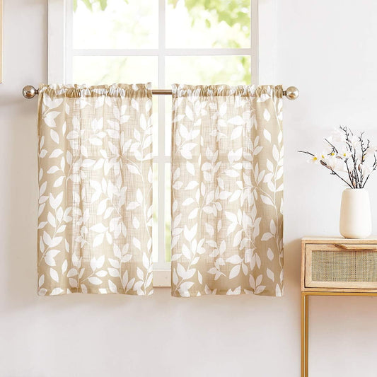 Leaf Kitchen Curtains 36"L Small Tier Window Curtains White Taupe 2pcs