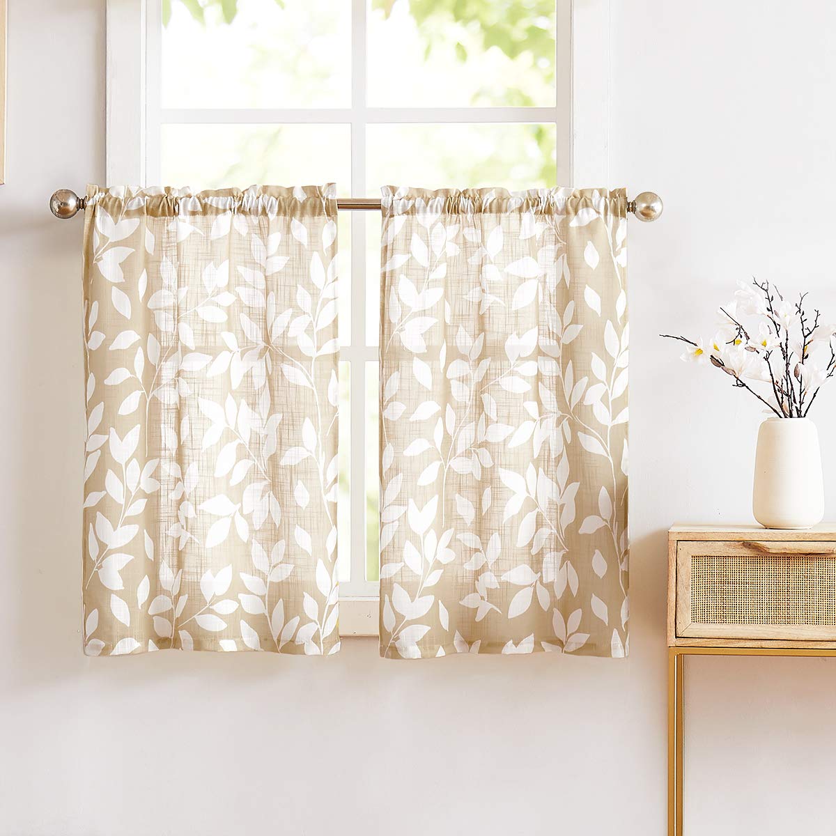 Leaf Kitchen Curtains 36"L Small Tier Window Curtains White Taupe 2pcs
